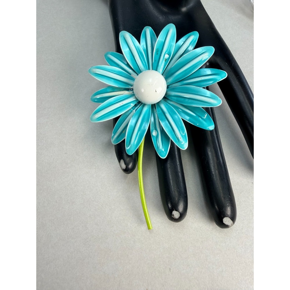Vintage Turquoise Blue Enamel Daisy Flower Brooch Mod Flower Power Statement Pin